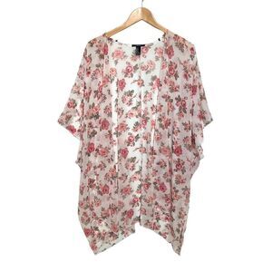 Forever 21 Kimono Robe Sheer Flowy Pink White Roses Flowers Boho size M